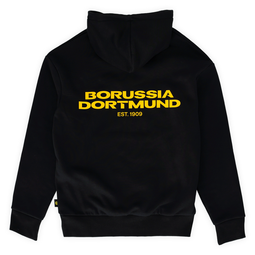 Der schwarze BVB Urban Hoodie in Rückansicht mit gelbem Borussia Dortmund Schriftzug und EST. 1909 Design.