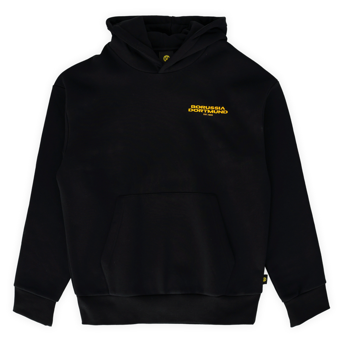 Schwarzer BVB Urban Hoodie mit gelbem Borussia Dortmund-Schriftzug auf der Brust und Kapuze, Produktansicht von vorne.