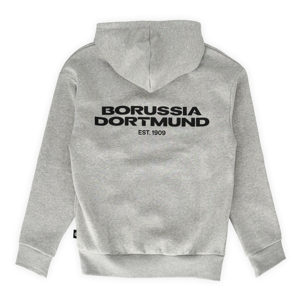 Grauer BVB-Hoodie in Rückansicht mit schwarzem Borussia Dortmund-Schriftzug und EST. 1909 auf dem Rücken.