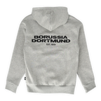Grauer BVB-Hoodie in Rückansicht mit schwarzem Borussia Dortmund-Schriftzug und EST. 1909 auf dem Rücken.