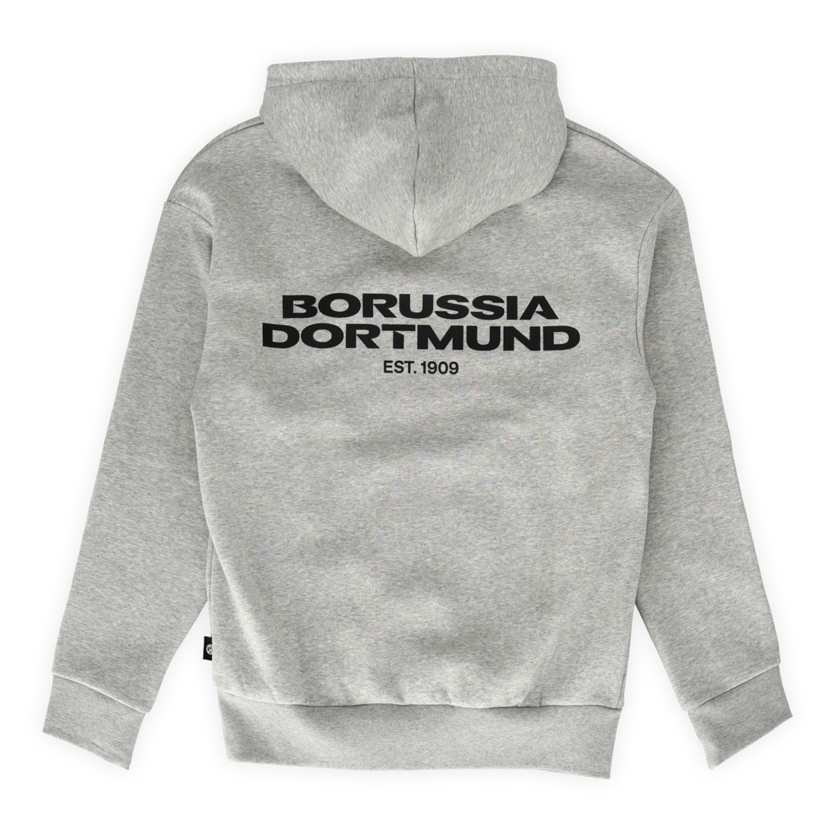 Grauer BVB-Hoodie in Rückansicht mit schwarzem Borussia Dortmund-Schriftzug und EST. 1909 auf dem Rücken.