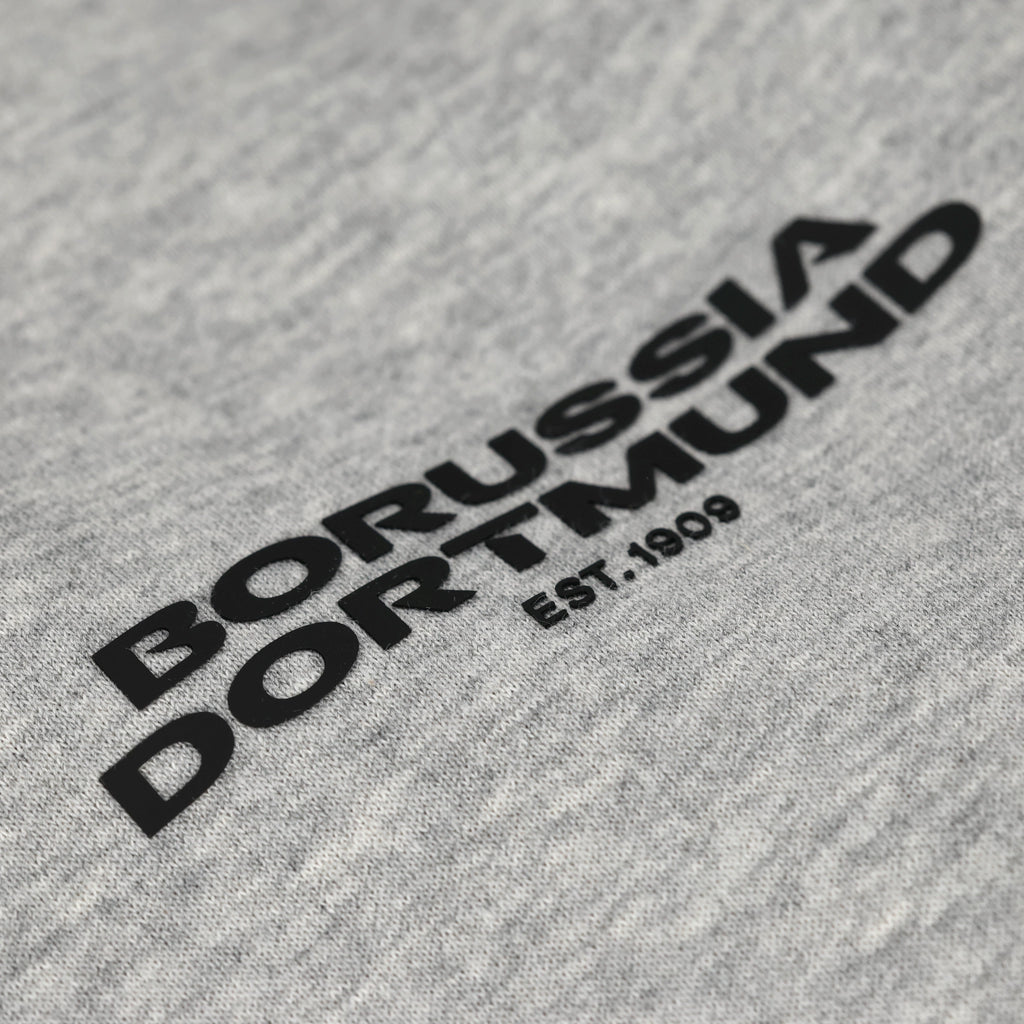Detailansicht eines grauen BVB-Hoodies mit schwarzem Borussia Dortmund-Schriftzug und der Jahreszahl EST. 1909.