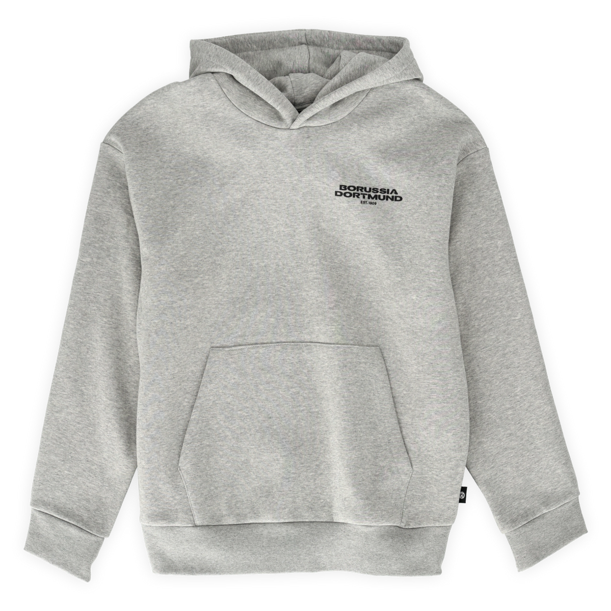 Grauer BVB Urban Hoodie mit Kapuze und Borussia Dortmund Schriftzug auf der Brust, Vorderansicht.
