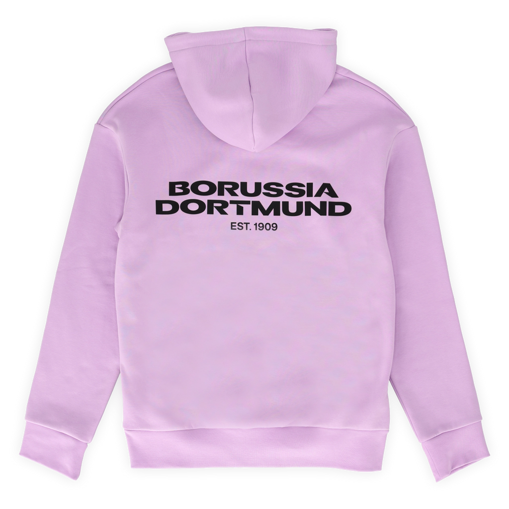 Lila BVB-Hoodie in Rückansicht mit großem Borussia Dortmund Schriftzug und EST. 1909.