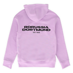 Lila BVB-Hoodie in Rückansicht mit großem Borussia Dortmund Schriftzug und EST. 1909.