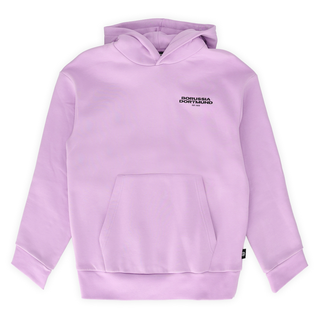 BVB Urban Hoodie in Lila mit kleinem Borussia Dortmund-Logo und Kängurutasche, Vorderansicht