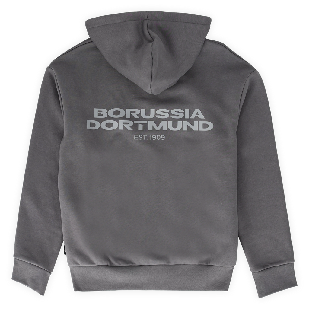 Rückansicht der grauen BVB Urban Zipjacke mit großem Borussia Dortmund Schriftzug und EST. 1909 auf der Rückseite, weiches Material, ideal als Fanbekleidung.