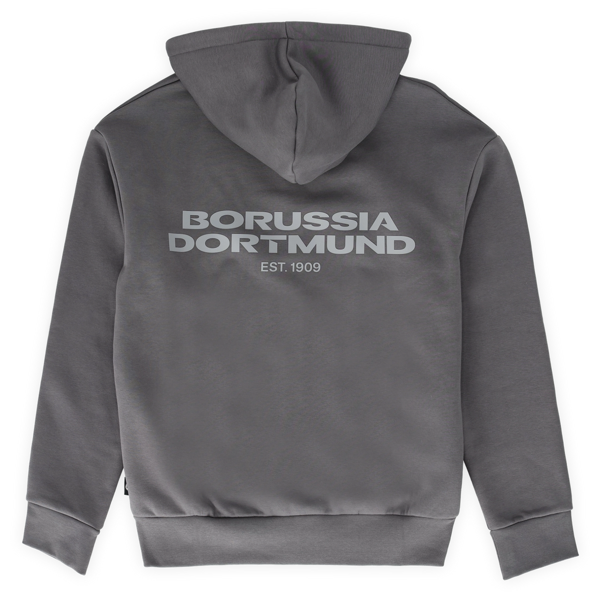 Rückansicht der grauen BVB Urban Zipjacke mit großem Borussia Dortmund Schriftzug und EST. 1909 auf der Rückseite, weiches Material, ideal als Fanbekleidung.