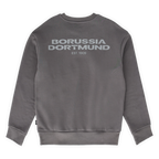 Grauer BVB-Sweater mit Borussia Dortmund Logo und EST. 1909 Aufschrift auf der Rückseite, Rückansicht des Pullovers.
