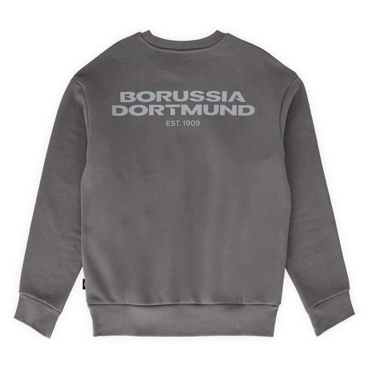 Grauer BVB-Sweater mit Borussia Dortmund Logo und EST. 1909 Aufschrift auf der Rückseite, Rückansicht des Pullovers.