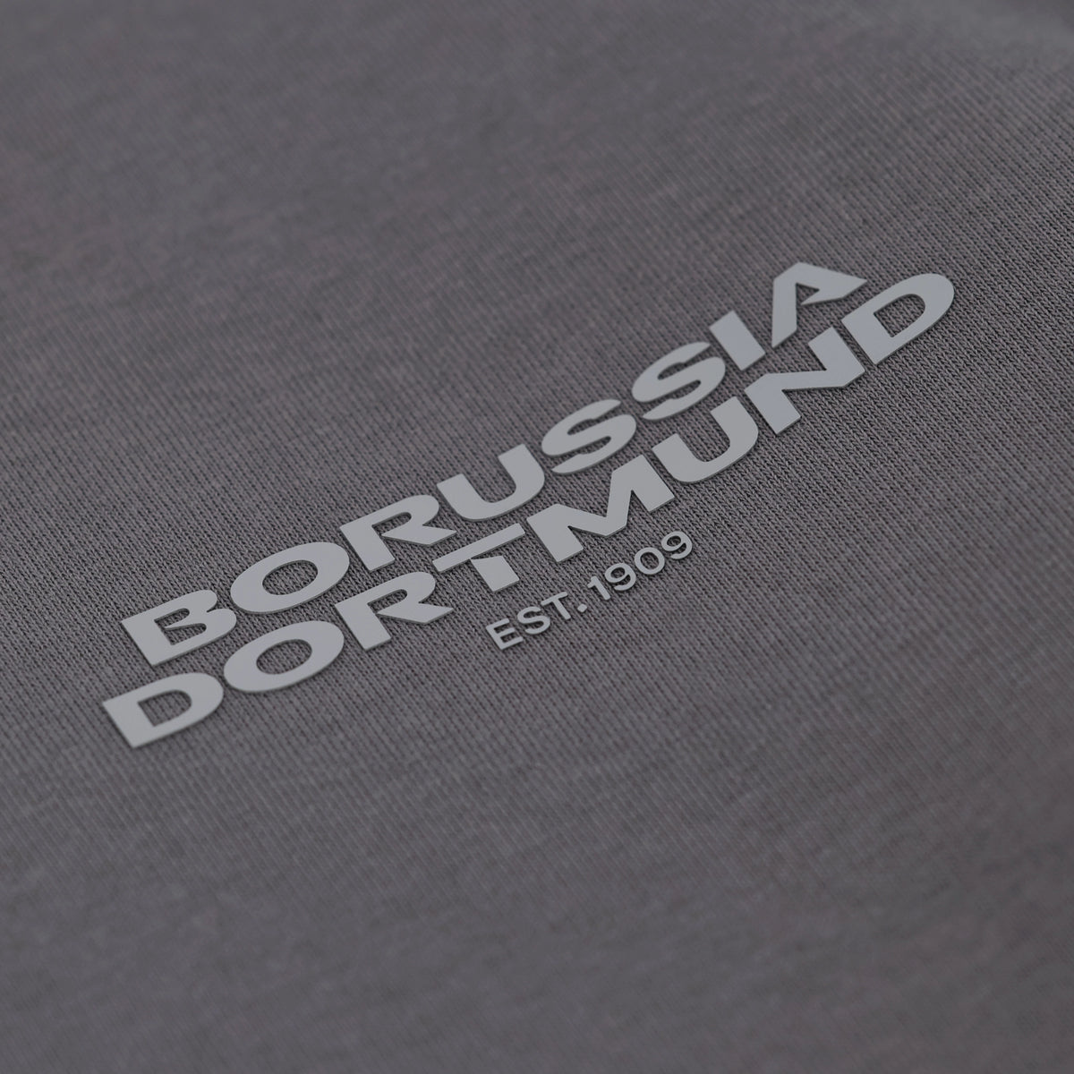 Nahaufnahme eines grauen Urban Pullovers mit BVB-Logo und der Aufschrift 'Borussia Dortmund Est. 1909'.