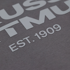 Nahaufnahme des grauen BVB Urban Pullovers mit weißem Aufdruck 'EST. 1909' und Schriftzug.