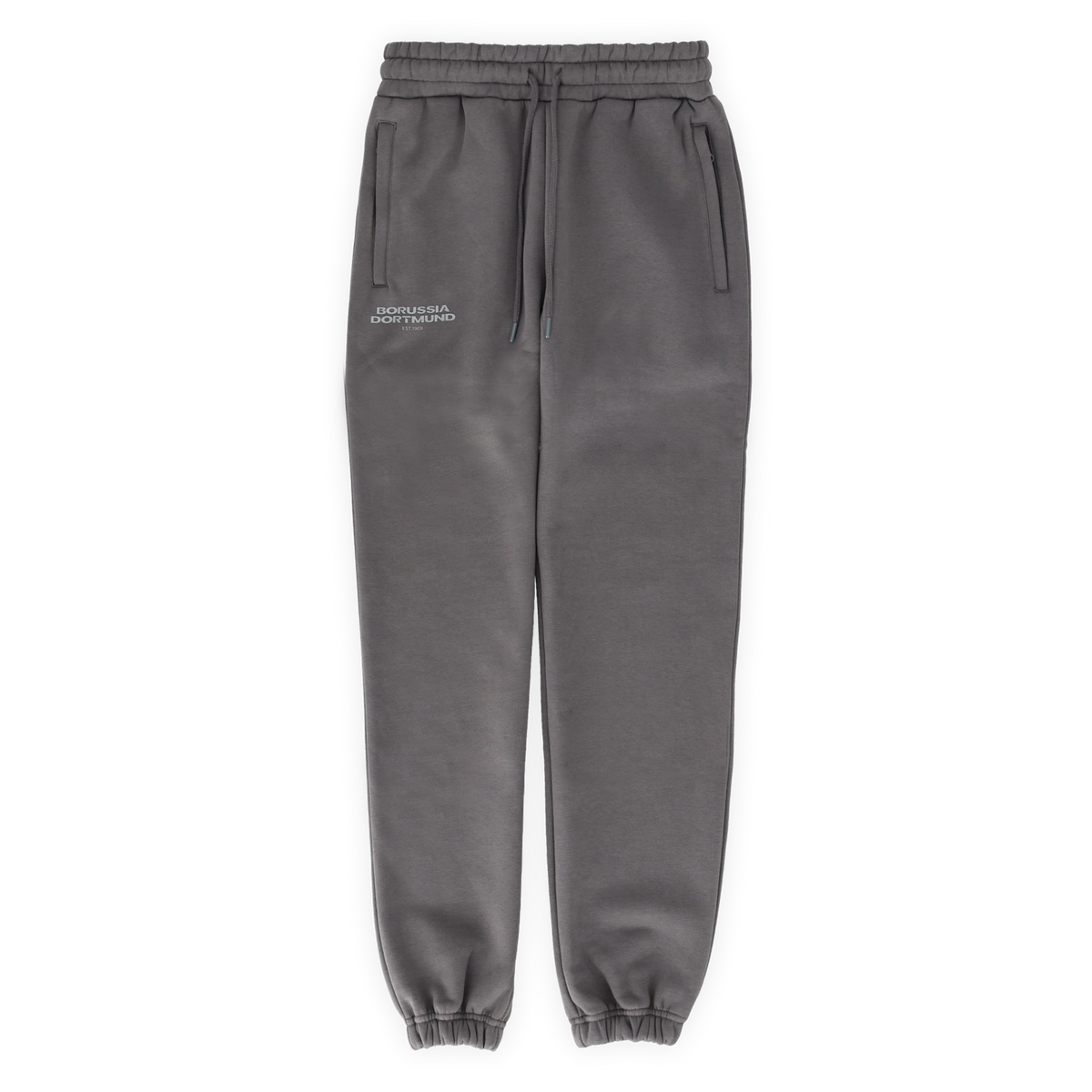 Graue BVB Urban Sweatpants mit elastischem Bund, Gummizug an den Beinenden, praktischen Taschen und dezentem Borussia Dortmund Logo. Perfekt für Freizeit und Sport.