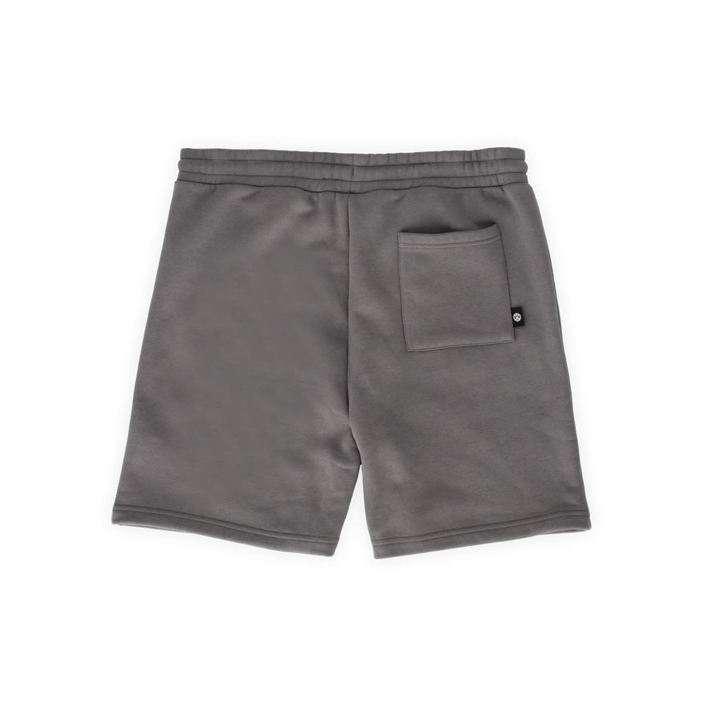 Die grauen BVB Urban Sweatshorts in der Rückansicht mit einer praktischen Tasche und hochwertigem Material, ideal für Freizeit und Fans von Borussia Dortmund.