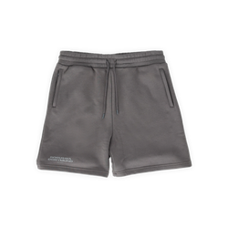 Graue BVB Urban Sweatshorts in sportlichem Design mit Kordelzug und seitlichen Taschen, ideal für Freizeit und Sport. Mit Borussia Dortmund Schriftzug am Bein.
