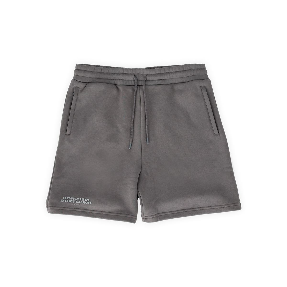Graue BVB Urban Sweatshorts in sportlichem Design mit Kordelzug und seitlichen Taschen, ideal für Freizeit und Sport. Mit Borussia Dortmund Schriftzug am Bein.
