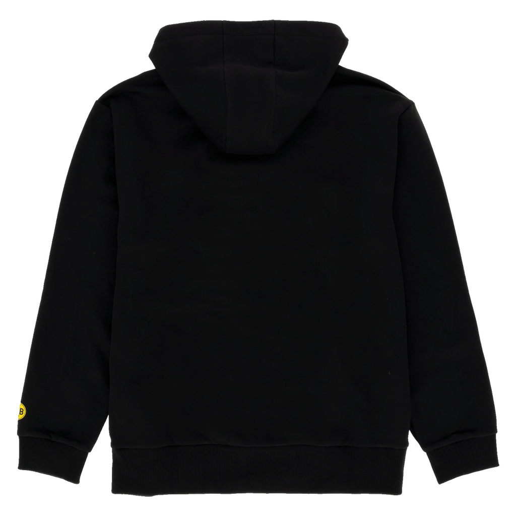 Felpa nera con cappuccio del BVB vista da dietro, con un piccolo logo giallo del BVB sulla manica sinistra. Ideale per i tifosi del Borussia Dortmund.