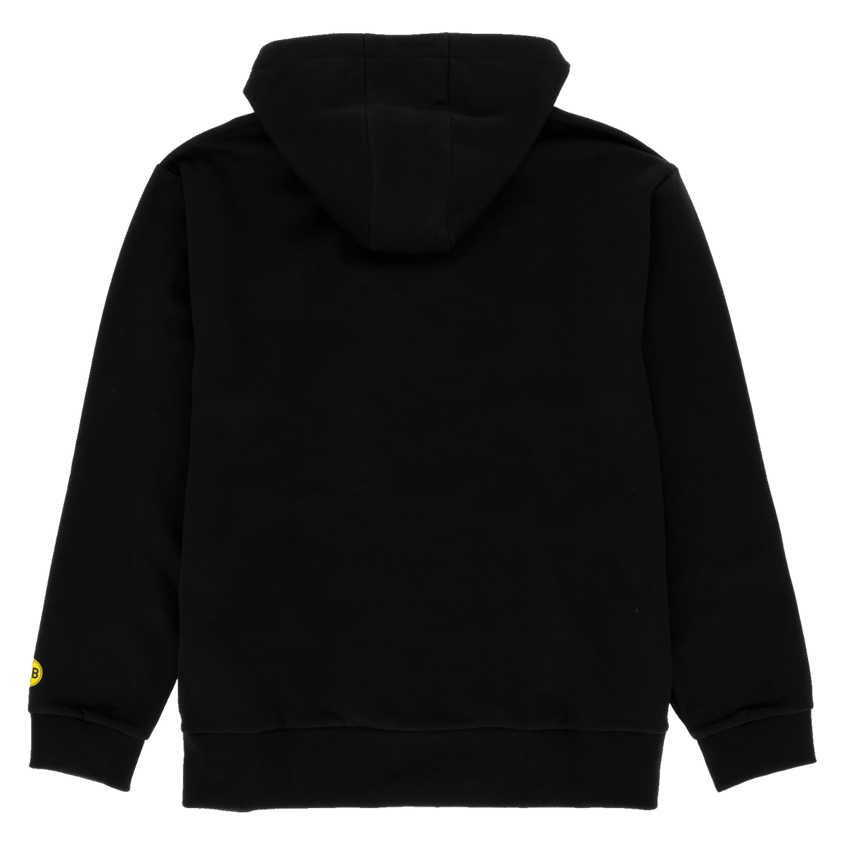 Schwarzer BVB Hoodie in Rückansicht mit Kapuze und kleinem gelbem BVB-Logo am linken Ärmel. Ideal für Fans von Borussia Dortmund.