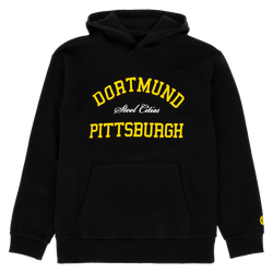 Sudadera con capucha del BVB en negro con la inscripción en amarillo «Dortmund Steel Cities Pittsburgh»; sudadera deportiva con capucha para los aficionados del Borussia Dortmund.