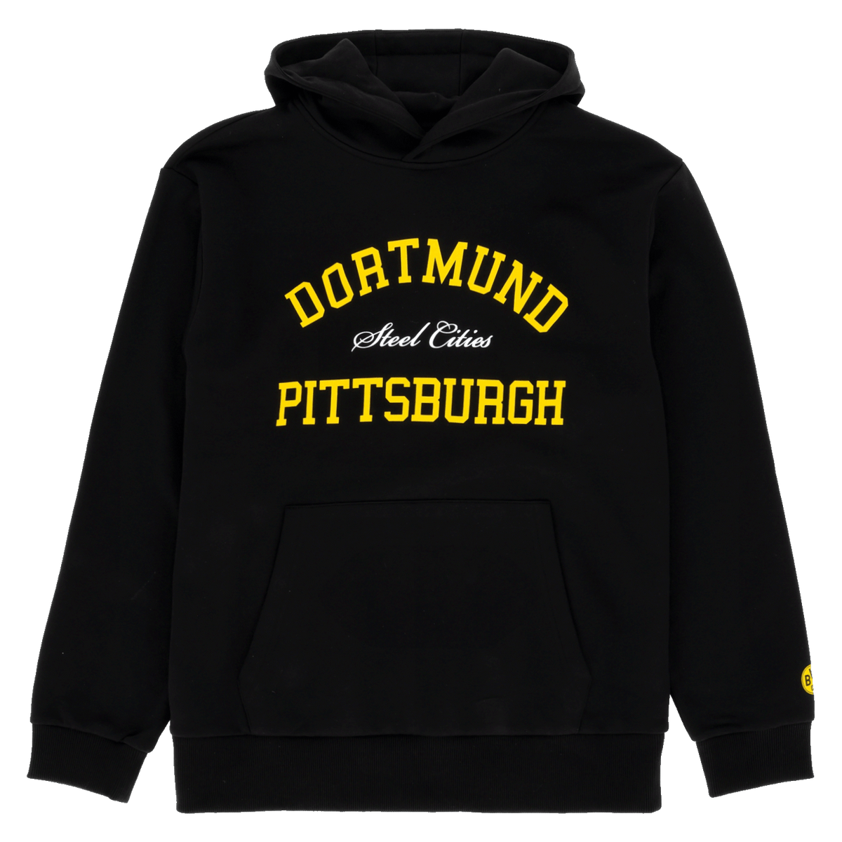 Black BVB hoodie with yellow lettering that reads “Dortmund Steel Cities Pittsburgh”; a sporty hoodie for Borussia Dortmund fans.