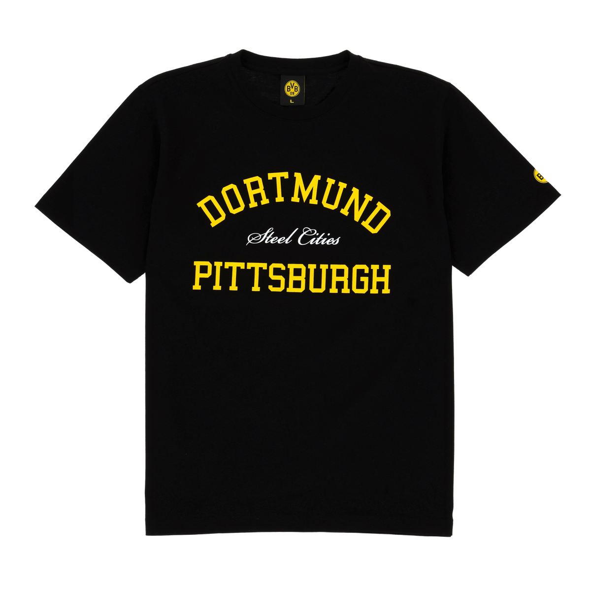 Schwarzes T-Shirt von BVB mit gelbem Schriftzug 'Dortmund Pittsburgh' und weißem 'Steel Cities' - ideal für Fans von Borussia Dortmund und Pittsburgh.