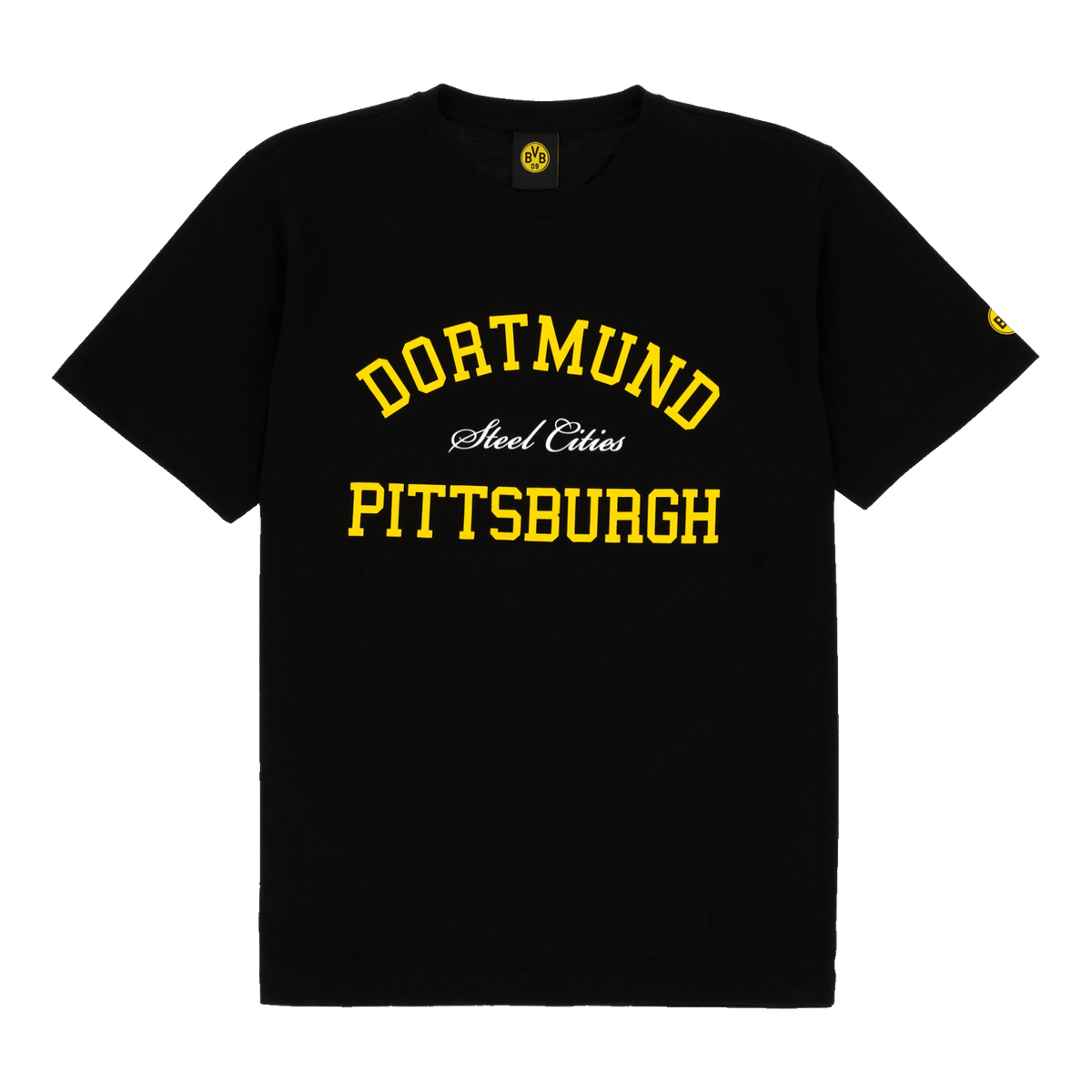 Schwarzes BVB T-Shirt mit gelbem Dortmund-Schriftzug und weiß-gelbem Pittsburgh-Motiv; ideal für Fans von Borussia Dortmund und Pittsburgh Steel Cities.