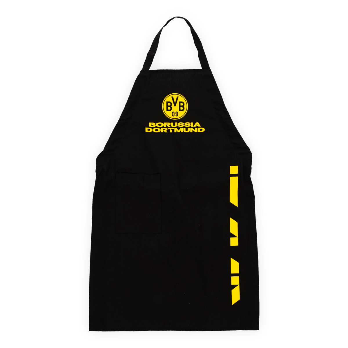 Schwarze BVB-Schürze mit gelbem Borussia-Dortmund-Logo und Schriftzug. Perfekt für Fans beim Kochen oder Grillen.