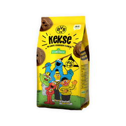 Biscuits BVB aux motifs de « Sesame Street » dans un emballage jaune, parfaits comme produit dérivé et comme en-cas pour petits et grands. Contiennent de l'épeautre, du chocolat et du cacao.