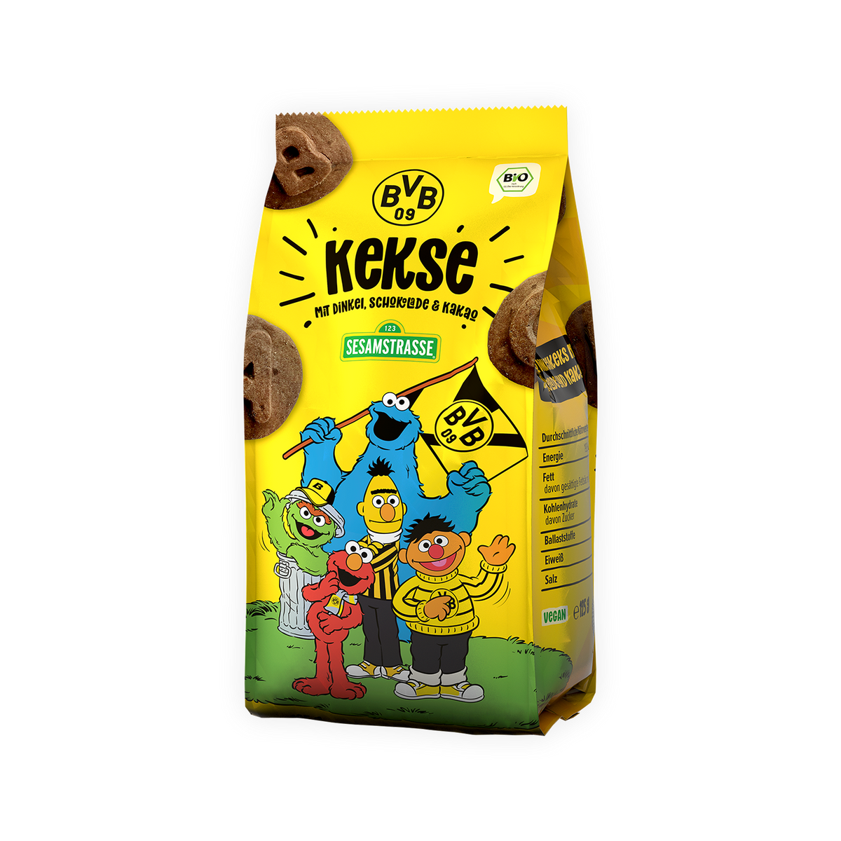 Gelbe Verpackung BVB-Kekse mit Dinkel, Schokolade und Kakao, illustriert mit Sesamstraße-Figuren, BVB-Logo und biologischer Kennzeichnung.
