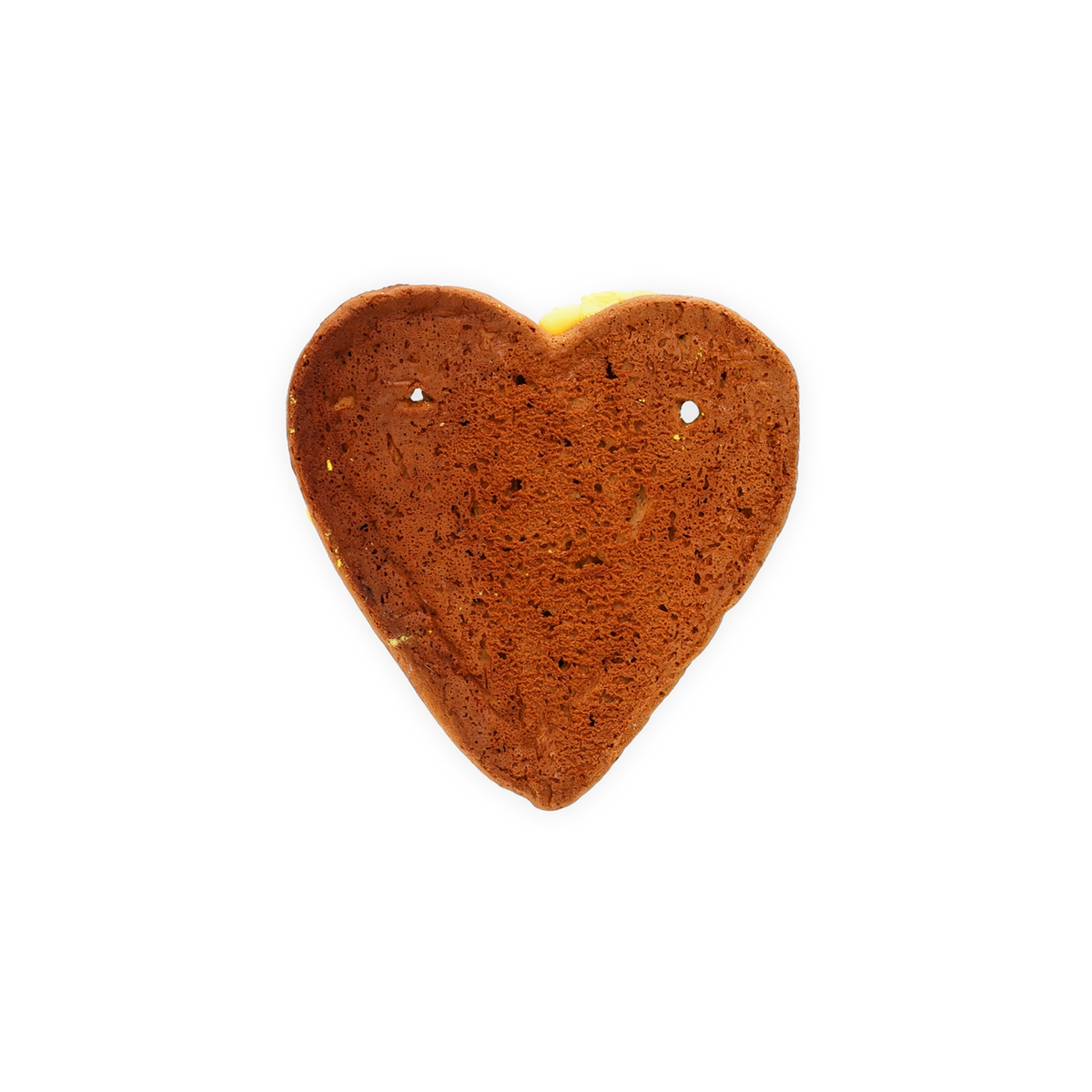 Vista trasera de un corazón de pan de jengibre del BVB con los típicos detalles en negro y amarillo, 80 g, ideal como artículo para aficionados al fútbol o como regalo.