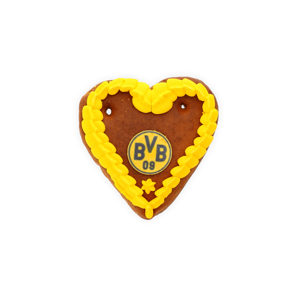 Corazón de pan de jengibre de 80 g con diseño en negro y amarillo, decorado con azúcar amarilla y el logotipo del BVB, ideal como regalo para los aficionados del Borussia Dortmund.
