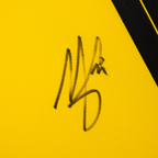 Ein BVB-Trikotrahmen mit Unterschrift, schwarzgelb gestaltet, ideal als Fußball-Wanddekoration für Fans von Borussia Dortmund.