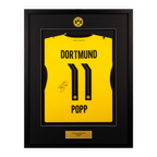 Schwarzer BVB-Trikotrahmen mit gelbem Trikot von Alex Popp, Rückansicht mit Nummer 11, Unterschrift und BVB-Logo, ideal zur Wanddekoration.