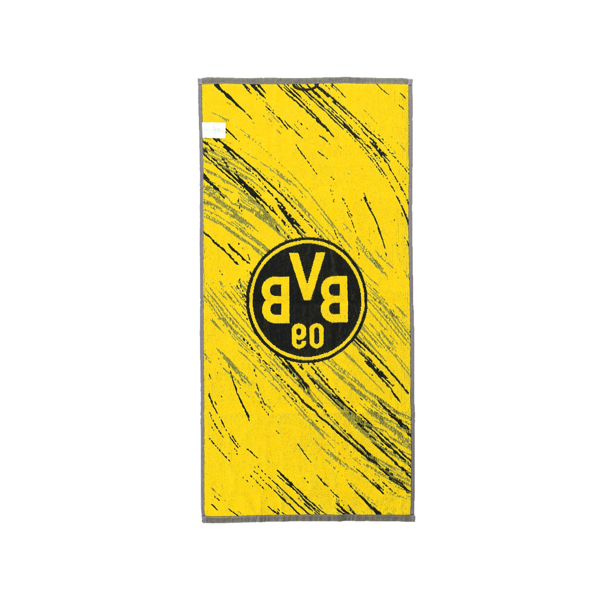 Toalla del BVB en negro y amarillo con un llamativo diseño tricolor y un gran logotipo del BVB en el centro, ideal para los aficionados del Borussia Dortmund.