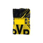 Asciugamano con motivo del BVB nel design tricolore nero-giallo, dimensioni 50 x 100 cm, ideale per i tifosi del Borussia Dortmund.