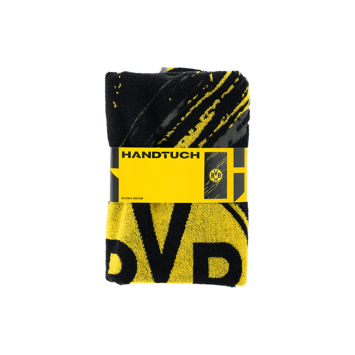 Asciugamano con motivo del BVB nel design tricolore nero-giallo, dimensioni 50 x 100 cm, ideale per i tifosi del Borussia Dortmund.