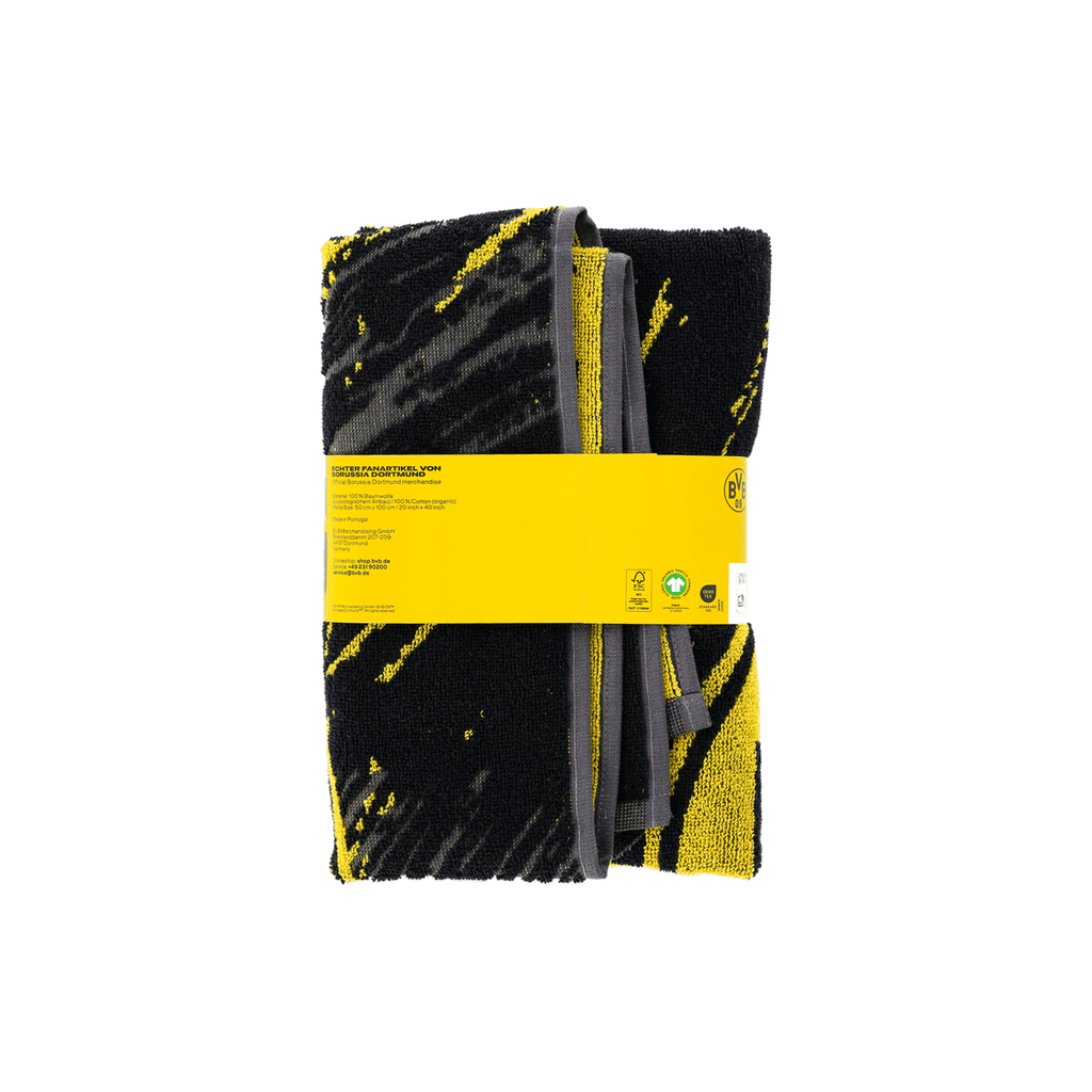 Asciugamano del BVB con motivo nero e giallo, delle dimensioni di 50x100 cm. L'accessorio perfetto per i tifosi del Borussia Dortmund.