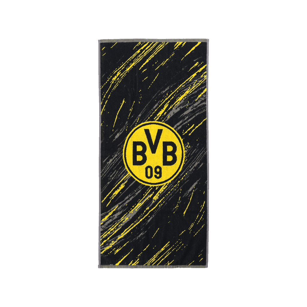 Asciugamano nero e giallo del BVB con motivo tricolore, logo centrale del BVB e dimensioni 50 x 100 cm. Ideale per i tifosi del Borussia Dortmund.