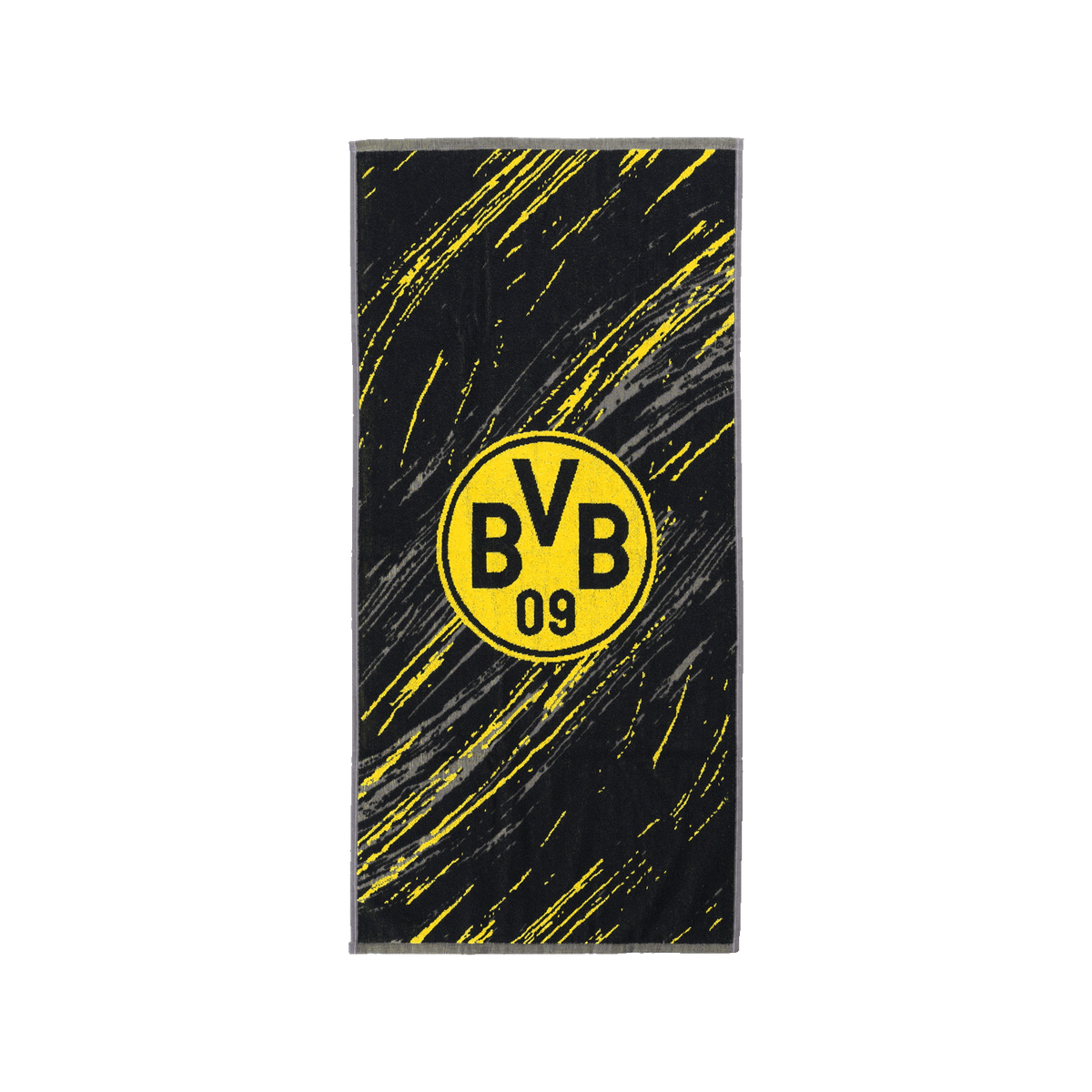 Schwarzgelbes BVB-Handtuch in Tricolor-Design mit zentralem BVB-Logo und den Maßen 50 x 100 cm. Ideal für Fans von Borussia Dortmund.