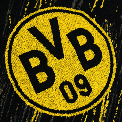Serviette de douche tricolore noir et jaune du BVB, ornée d'un grand logo du BVB, aux dimensions de 70 x 140 cm, idéale pour les supporters du Borussia Dortmund.