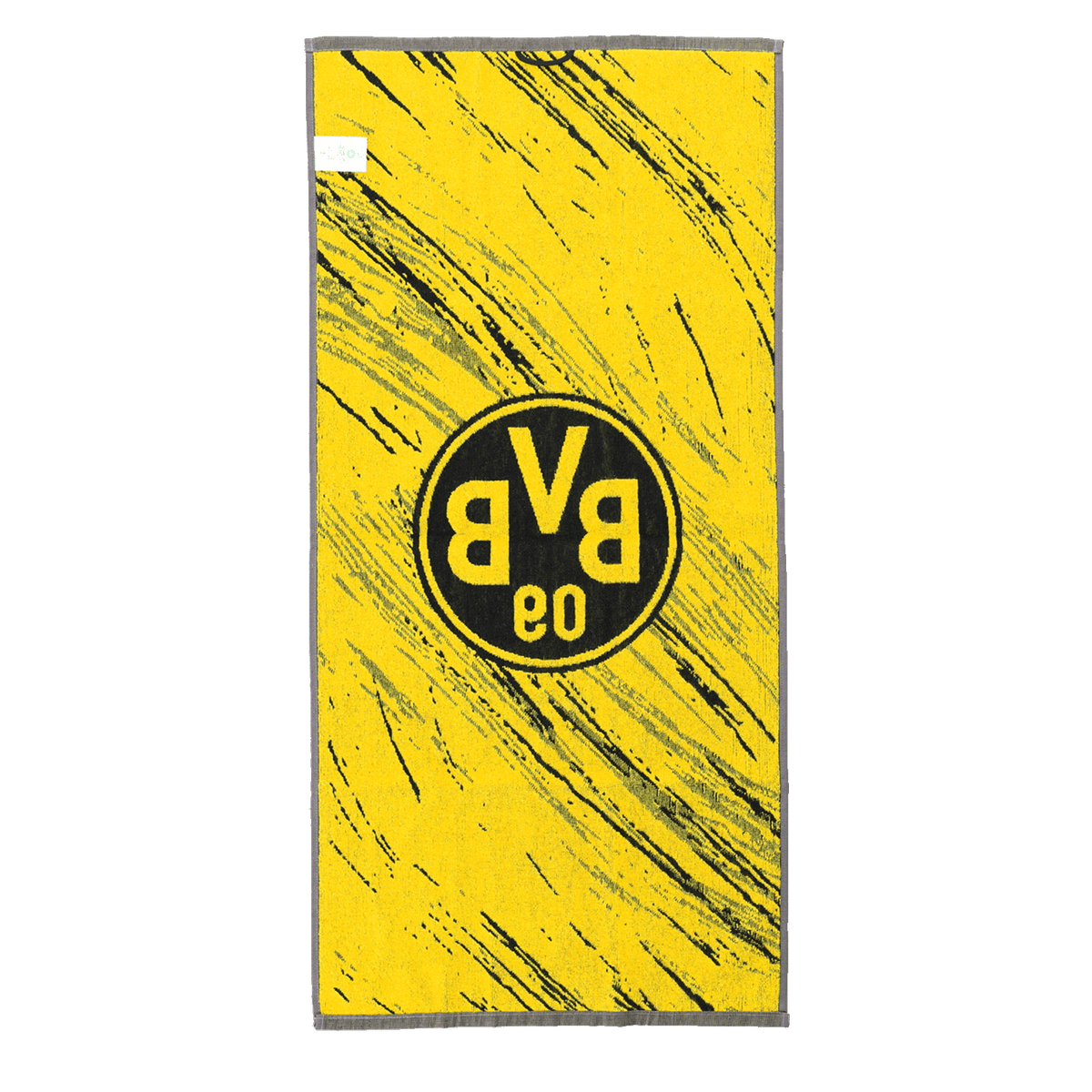 Serviette de douche BVB noire et jaune, arborant le logo emblématique du BVB et un motif tricolore, idéale pour les vrais supporters, dimensions : 70 x 140 cm.