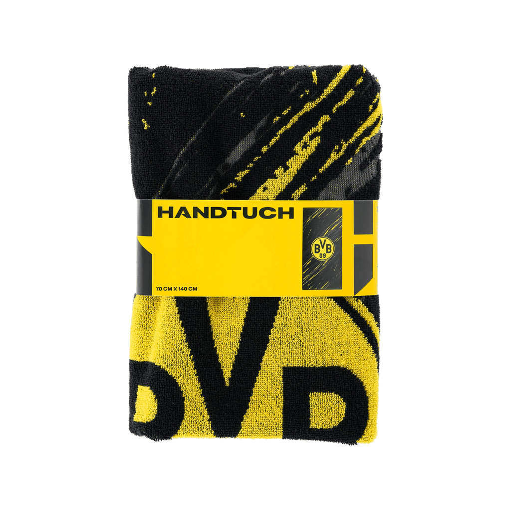 Serviette de douche BVB noir et jaune au motif tricolore, ornée d'un grand logo BVB, dimensions : 70 x 140 cm, idéale comme article de supporter et accessoire.
