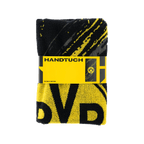 Serviette de douche BVB noir et jaune au motif tricolore, ornée d'un grand logo BVB, dimensions : 70 x 140 cm, idéale comme article de supporter et accessoire.