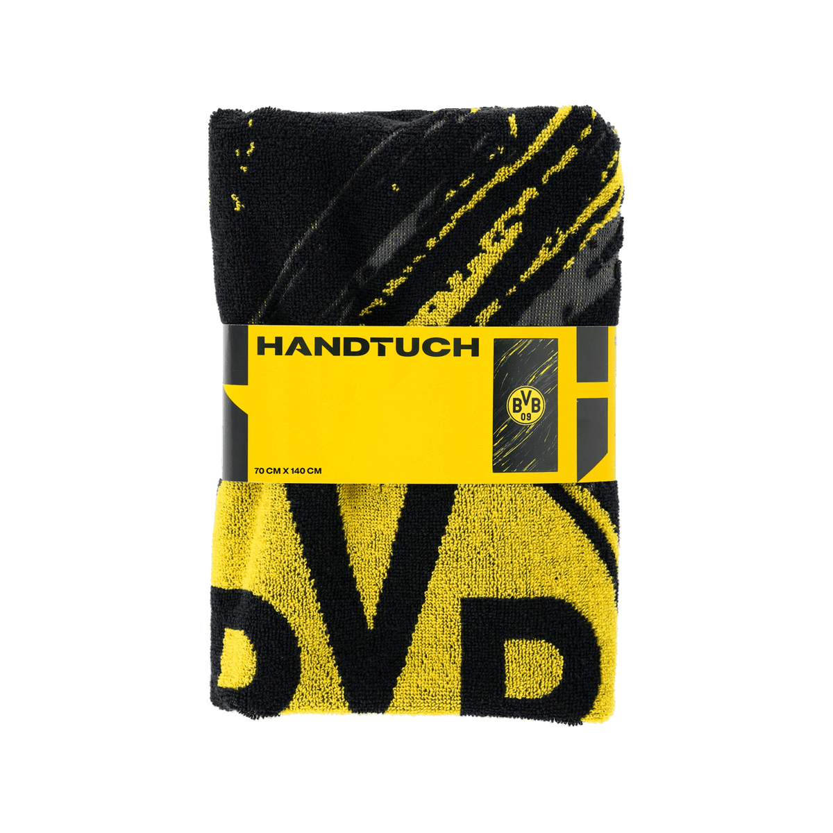 Serviette de douche BVB noir et jaune au motif tricolore, ornée d'un grand logo BVB, dimensions : 70 x 140 cm, idéale comme article de supporter et accessoire.