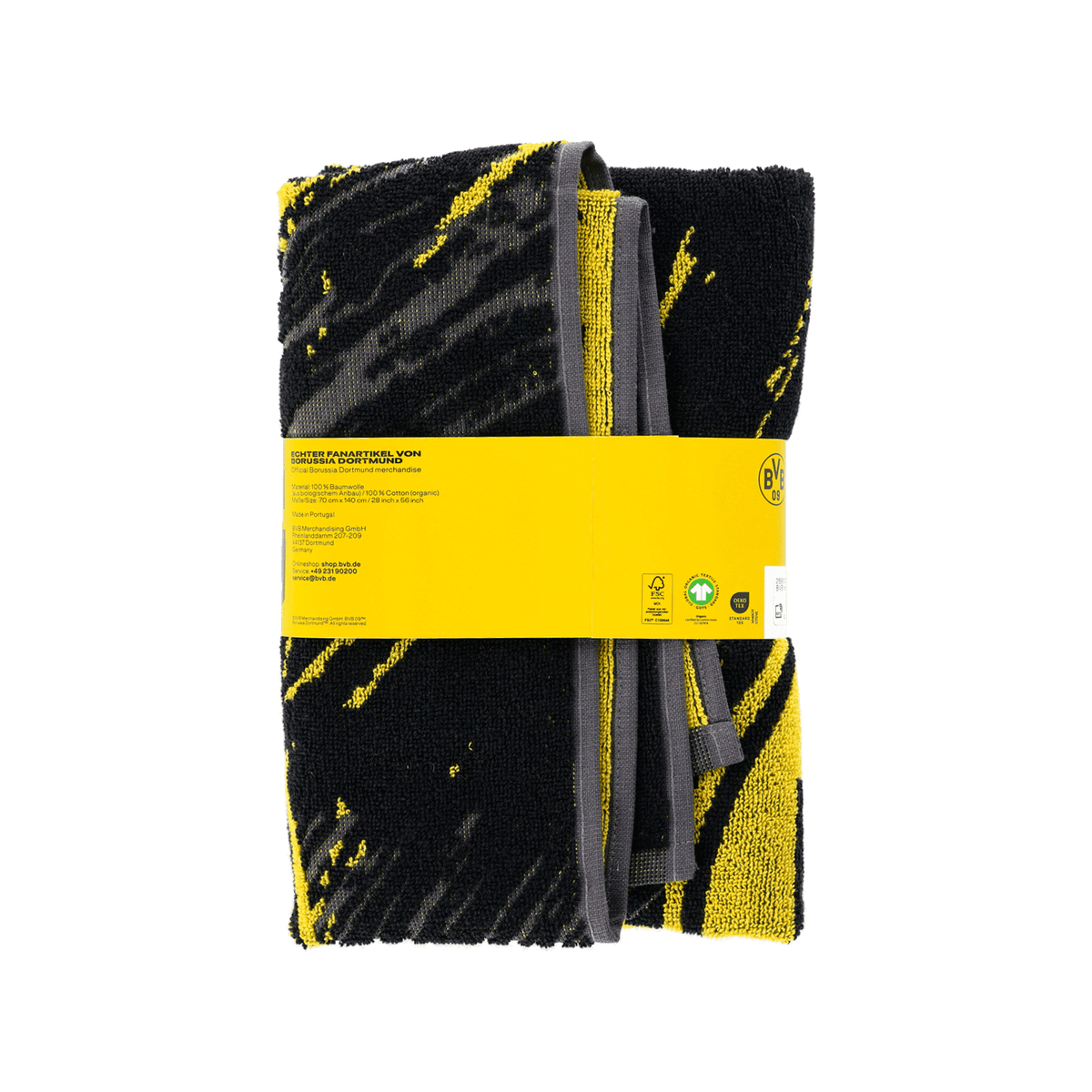 Serviette de douche pliée BVB Tricolor, 70 x 140 cm, au motif noir et jaune, avec une banderole jaune et le logo du BVB, idéale pour les supporters du Borussia Dortmund.