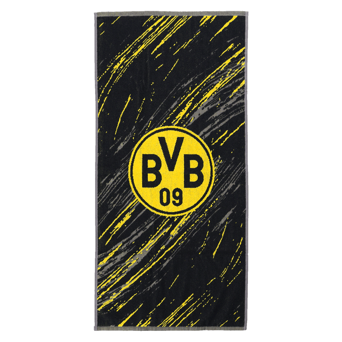 Schwarzgelbes BVB-Duschtuch in Tricolor-Design mit großem BVB 09-Logo und modernem Muster, ideal für Fans. Maße 70 x 140 cm.