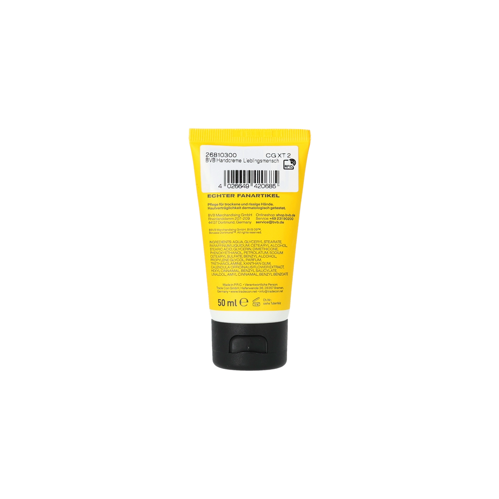 Rear view of the black-and-yellow BVB "Lieblingsmensch" hand cream in a 50-ml tube, featuring product information and a barcode.