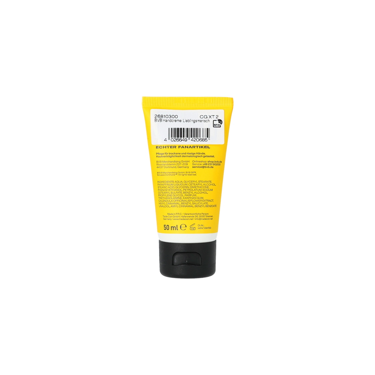 Vista trasera de la crema de manos «Lieblingsmensch» del BVB, en color negro y amarillo, en un tubo de 50 ml con información del producto y código de barras.