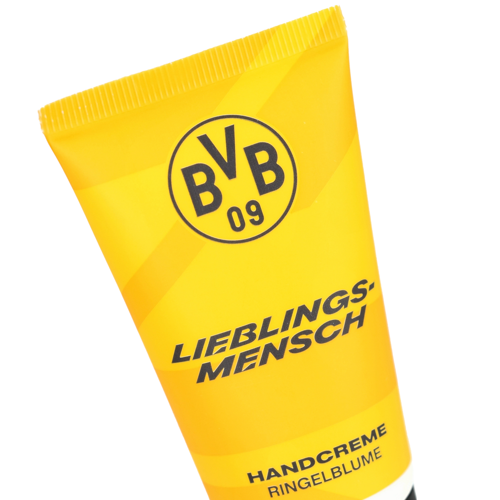 BVB "Lieblingsmensch" Hand Cream with a calendula scent, in a yellow tube featuring the black BVB 09 logo—perfect as a fan item or gift.