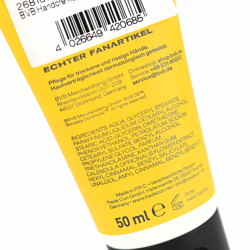 BVB "Lieblingsmensch" Hand Cream in a black-and-yellow tube containing 50 ml, ideal for caring for dry and chapped hands. Authentic Borussia Dortmund fan merchandise.